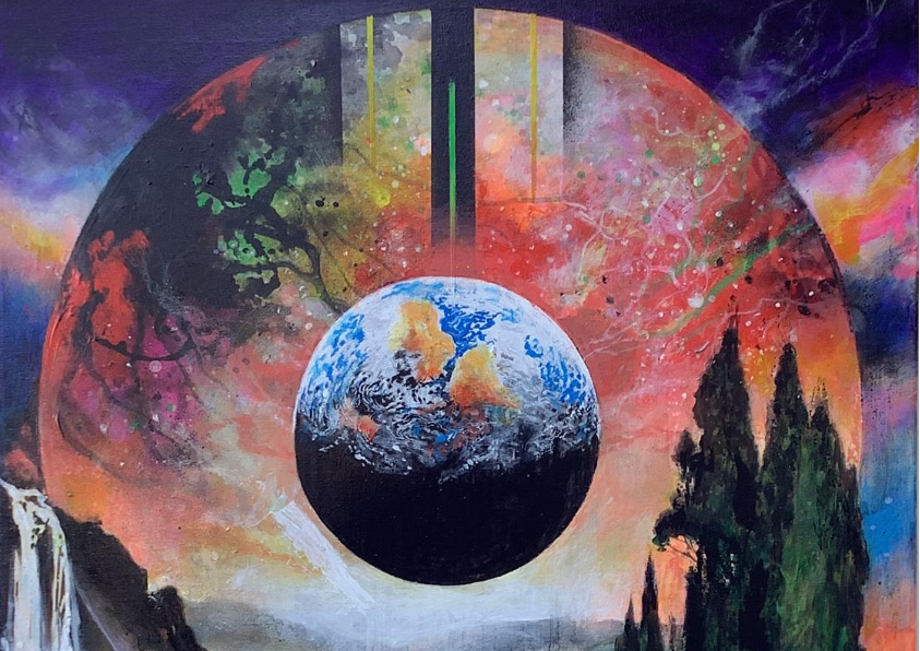Artistic depiction of a large sphere with a landscape and Earth inside, set against a colorful galaxy.