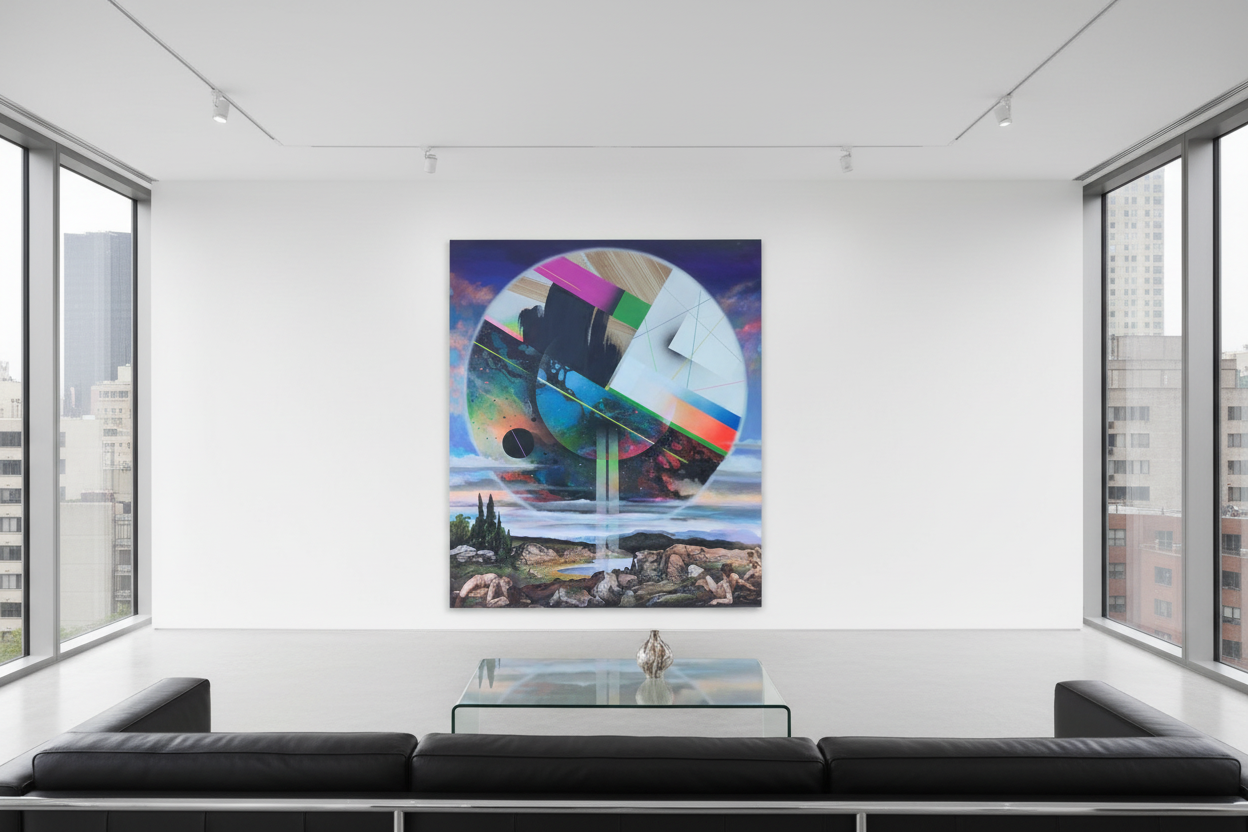 Modern living room with a large abstract painting on the wall
